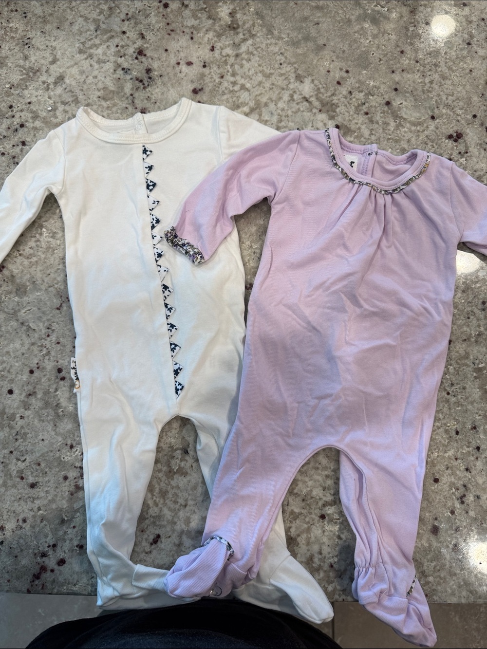 Soft Footed Baby One-Piece Sleepers in White and Light Purple